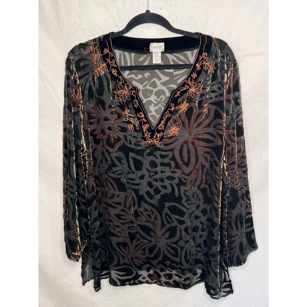 CHICO'S Black Velvet Burnout Tunic Blouse Floral Size‎ 3 Embroidered Silk Beads